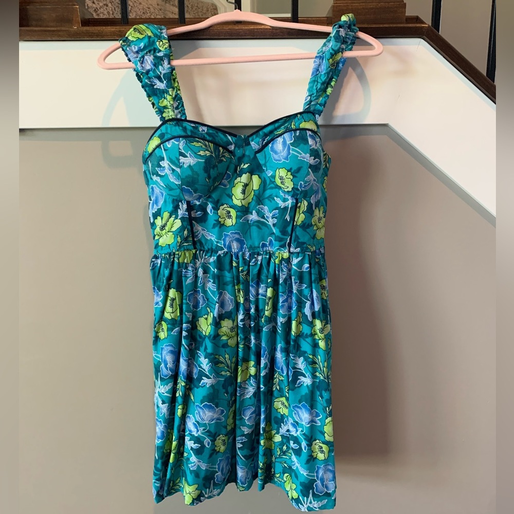 BOG Collective Blue Floral Dress w/ Padded Cups & Smocking 60% Cotton NWT